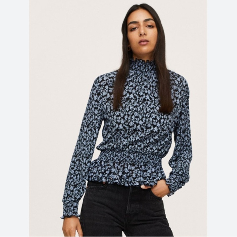Mango Navy Floral Mandarin Collar Smocked Cinched Waist Top Size Small
